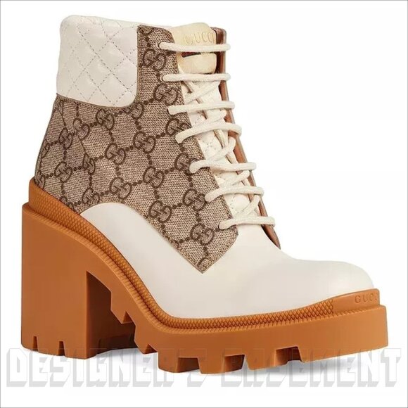 GUCCI 39.5 beige GG canvas quilted Leather TRIP logo platform Combat ankle Boots - Picture 8 of 11
